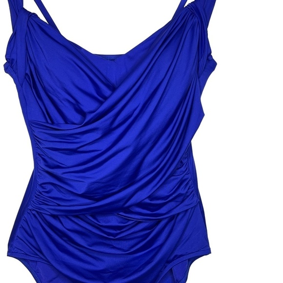 Badgley Mischka Wide Strap Draped Front One-Piece Swimsuit Cobalt Blue Small - Picture 10 of 15